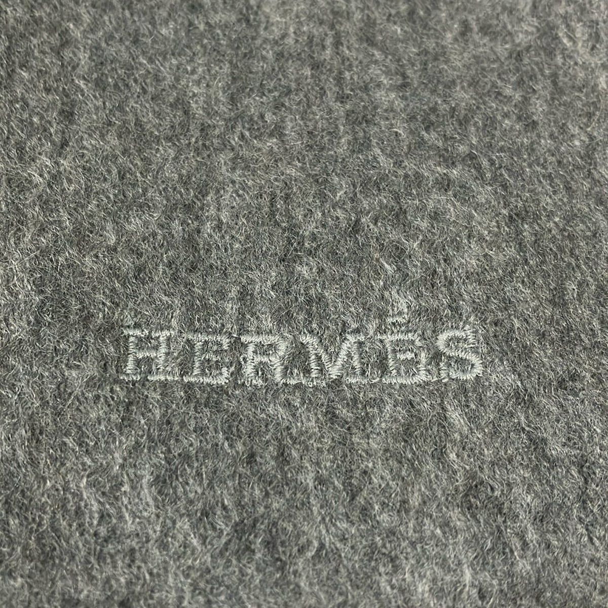 Hermes Scarf Uni Brodet Gray Logo Embroidery Fringe Cashmere — view 5