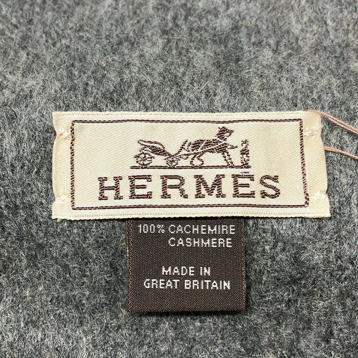 Hermes Scarf Uni Brodet Gray Logo Embroidery Fringe Cashmere — view 2