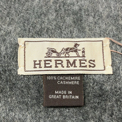 Hermes Scarf Uni Brodet Gray Logo Embroidery Fringe Cashmere — view 2