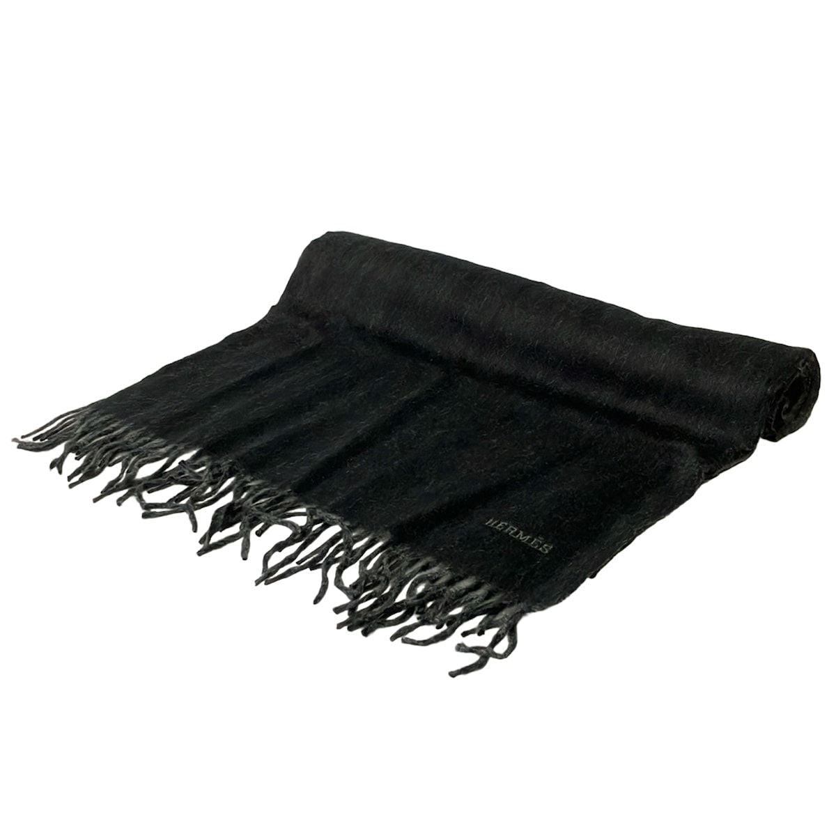 Hermes Scarf Black Logo Embroidery Fringe Cashmere