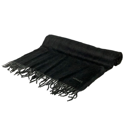 Hermes Scarf Black Logo Embroidery Fringe Cashmere