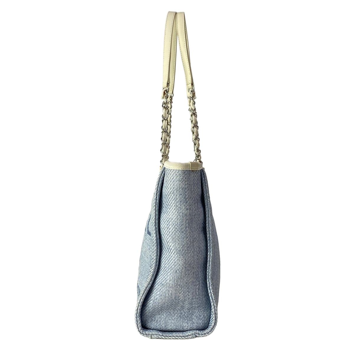 Chanel Tote Deauville Line PM Light Blue White Silver Leather — view 4