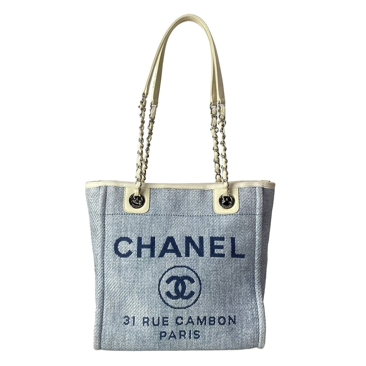 Chanel Tote Deauville Line PM Light Blue White Silver Leather