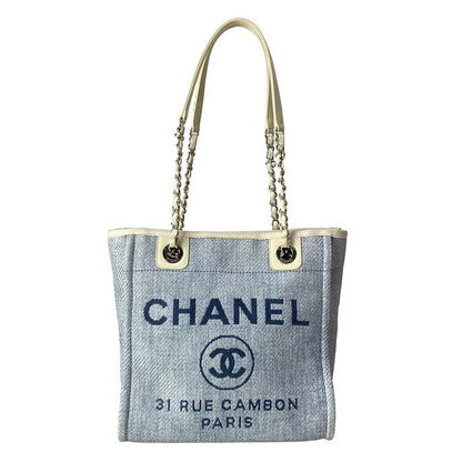 Chanel Tote Deauville Line PM Light Blue White Silver Leather