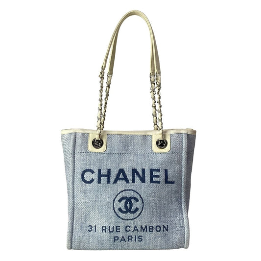Chanel Tote Deauville Line PM Light Blue White Silver Leather