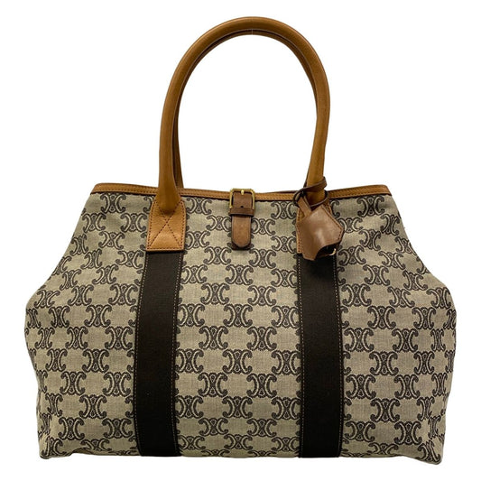 Celine Tote Macadam Pattern Beige Dark Brown Leather