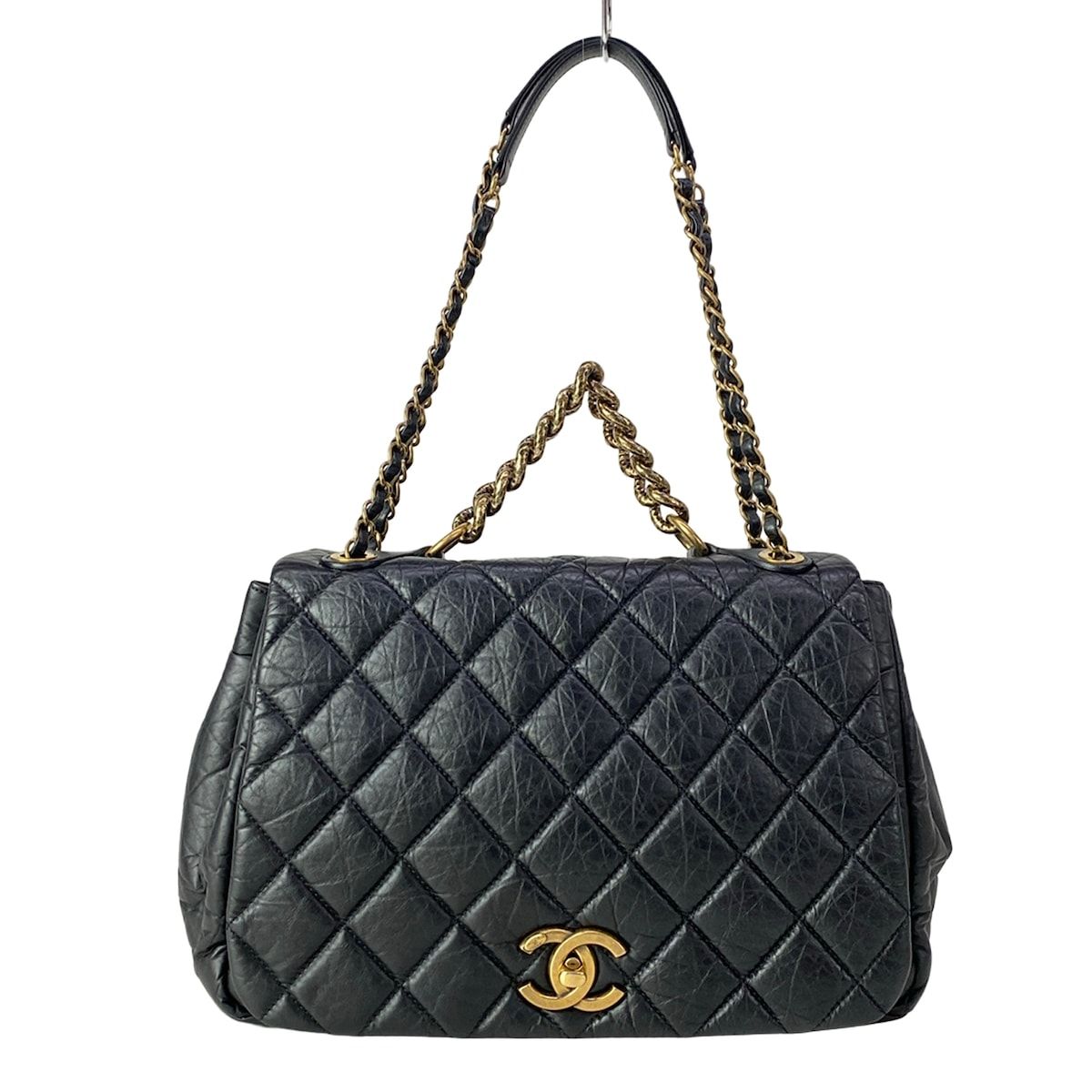 Chanel Shoulder Bag Quilted Black 2-Way Vintage Gold