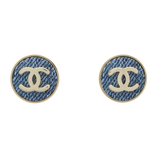 Chanel Earrings CC Logo Navy Silver Gold Denim Style