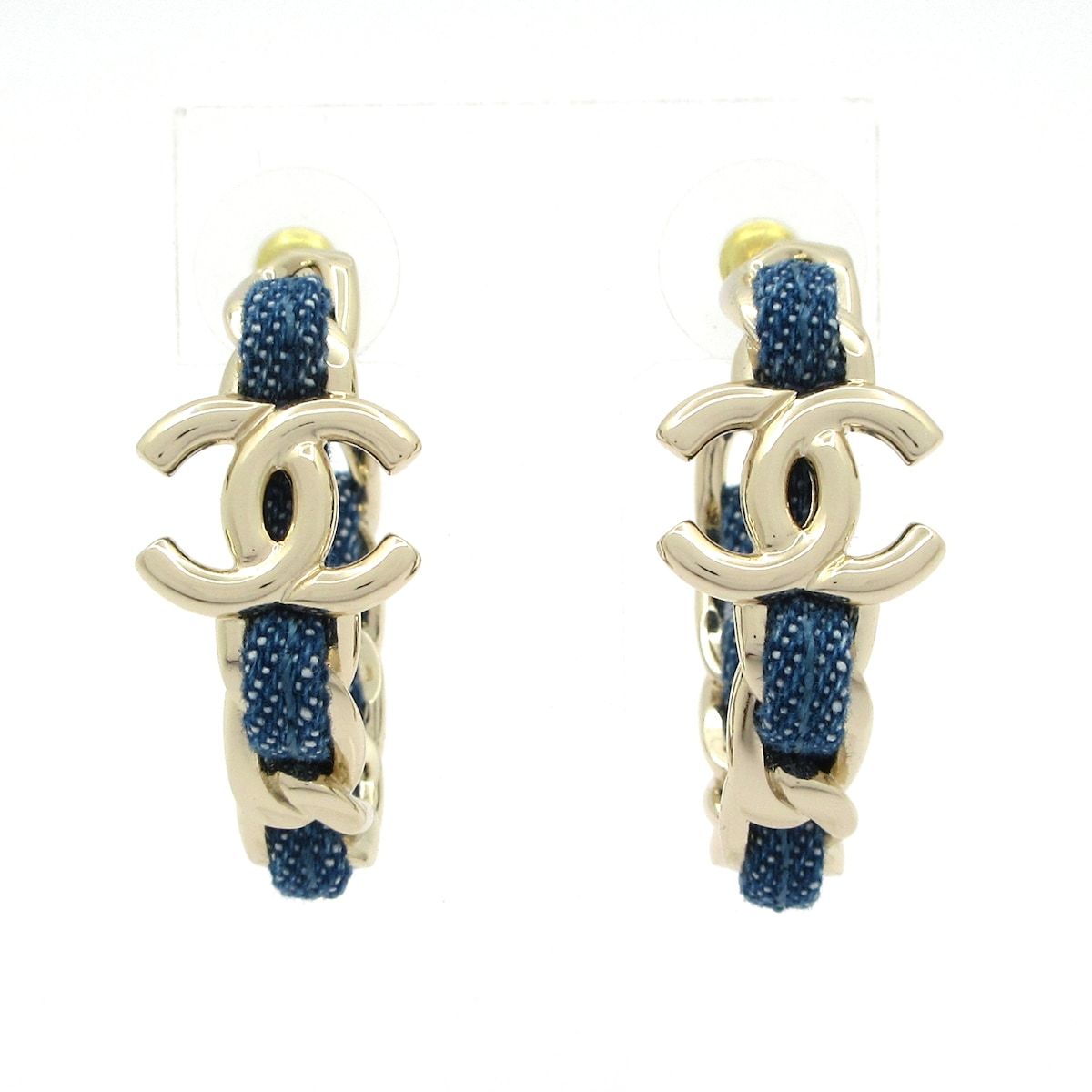 Chanel Earrings CC Logo Gold Light Blue