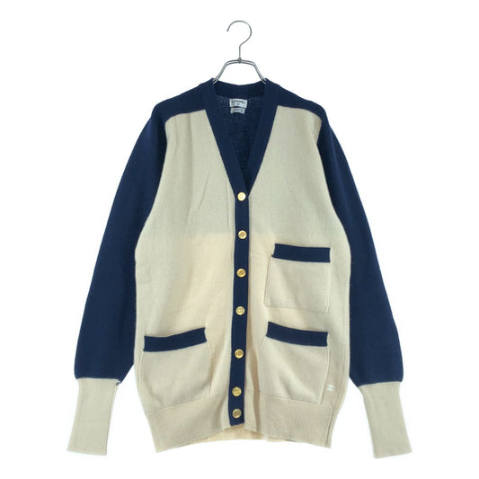 Chanel Cashmere One Point Logo Neck Knit Long Cardigan M Navy Ivory