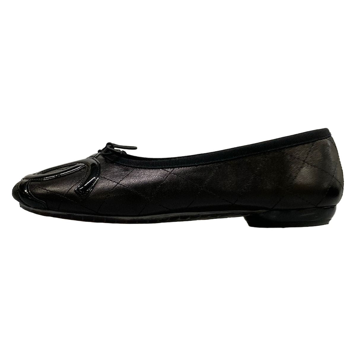 Chanel Flat Shoes 37.5 Black Cambon Line CC Logo Leather Lambskin