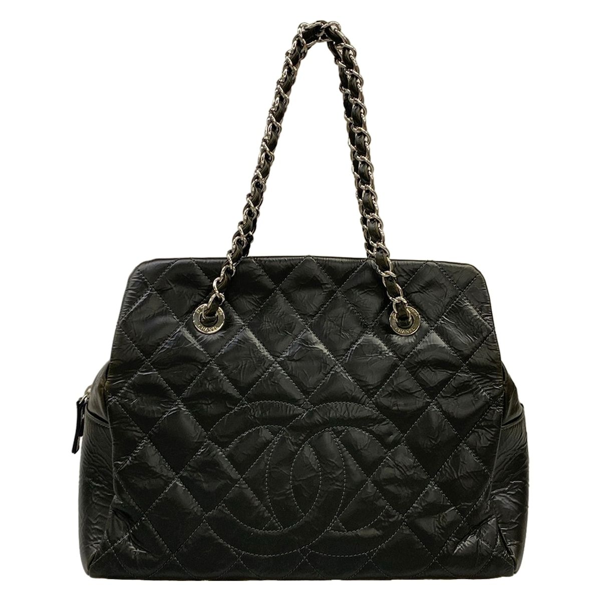 Chanel Handbag Quilted Black Chain Shoulder Silver
