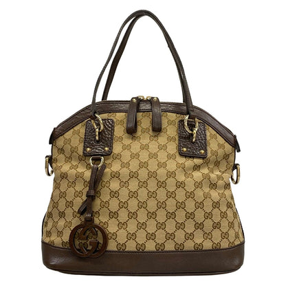 Gucci Handbag GG Pattern Double Dark Brown Beige Leather