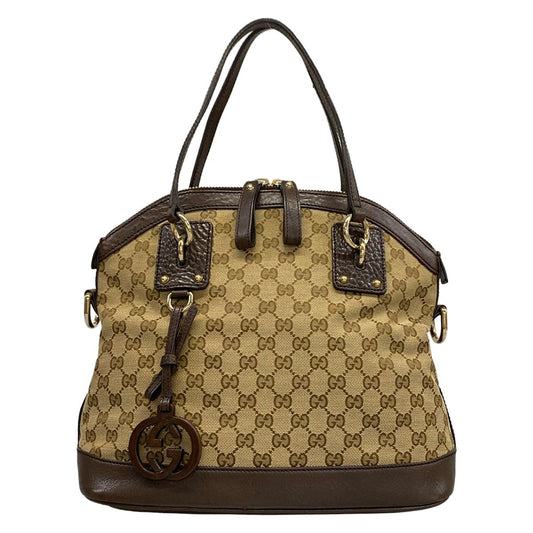 Gucci Handbag GG Pattern Double Dark Brown Beige Leather