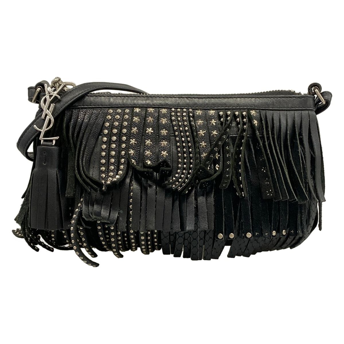 Saint Laurent Paris Shoulder Bag Black Fringe Studs Leather
