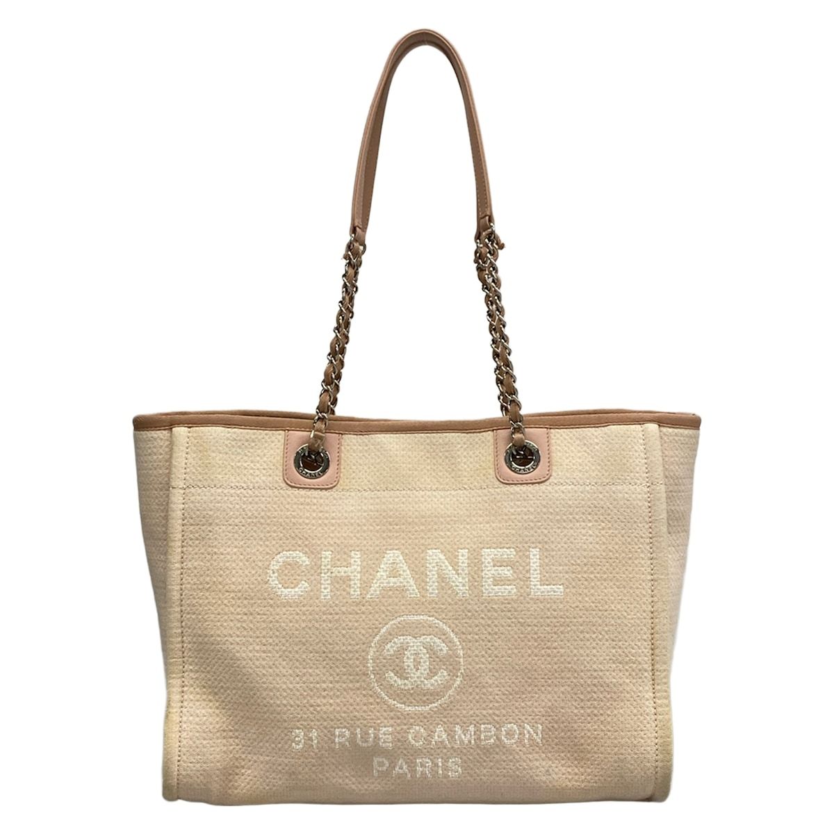 Chanel Tote Deauville Line MM Pink Beige Chain Shoulder Silver Leather
