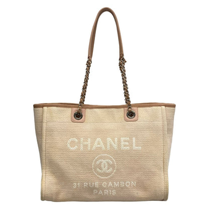 Chanel Tote Deauville Line MM Pink Beige Chain Shoulder Silver Leather