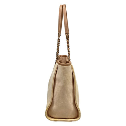Chanel Tote Deauville Line MM Pink Beige Chain Shoulder Silver Leather — view 2