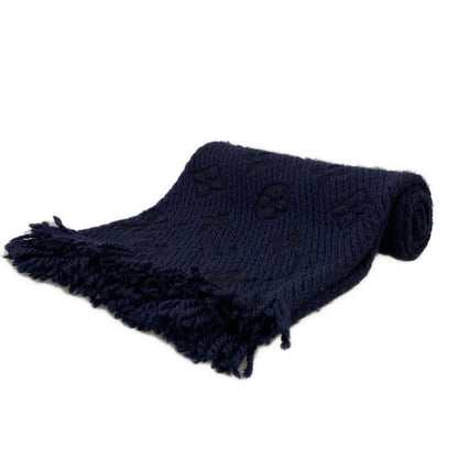 Louis Vuitton Scarf Echarpe Logo Mania Blue Nuit Fringe Wool Silk