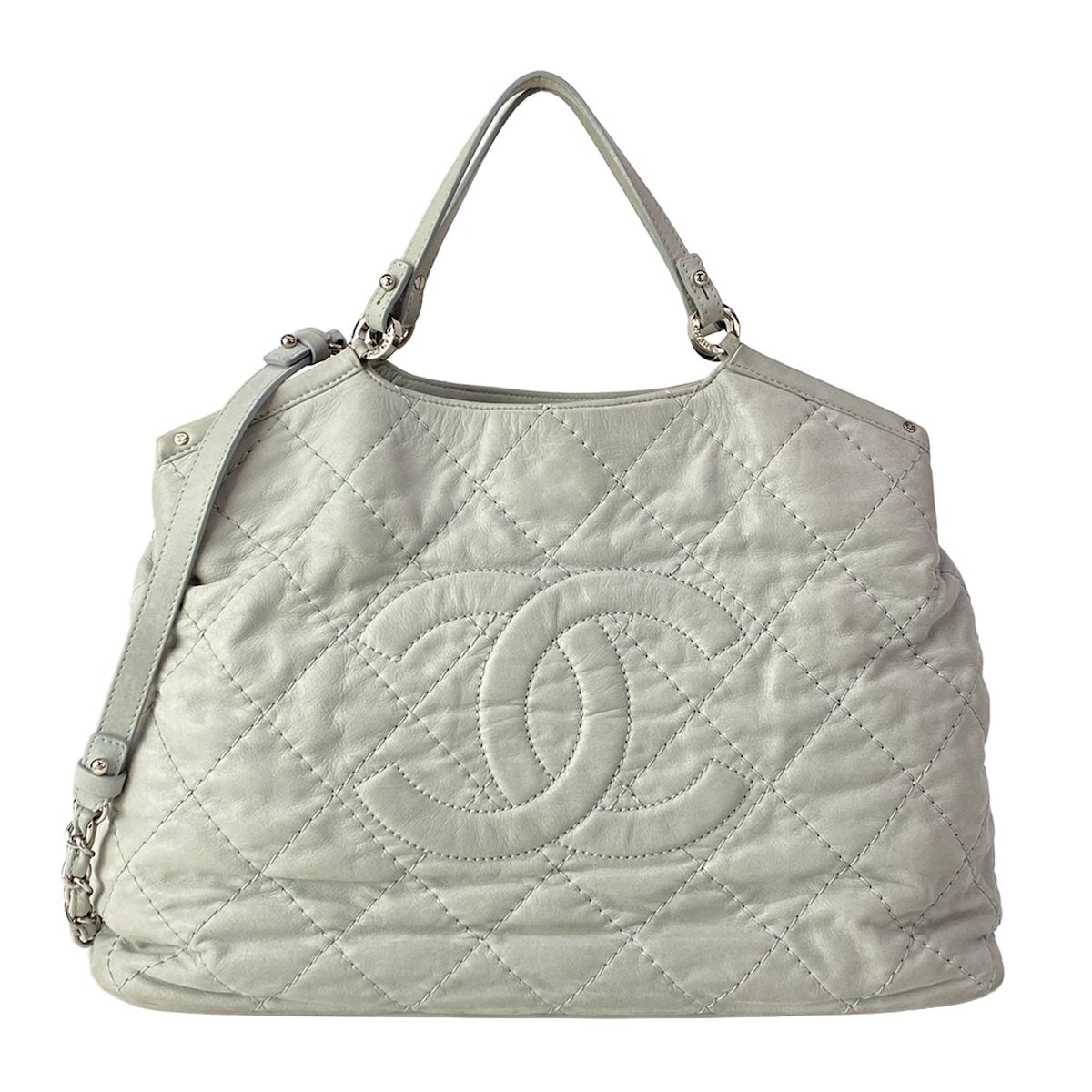 Chanel Shoulder Bag Quilted Wild Stitch Light Gray Silver 2-Way Chain Leather