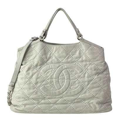 Chanel Shoulder Bag Quilted Wild Stitch Light Gray Silver 2-Way Chain Leather