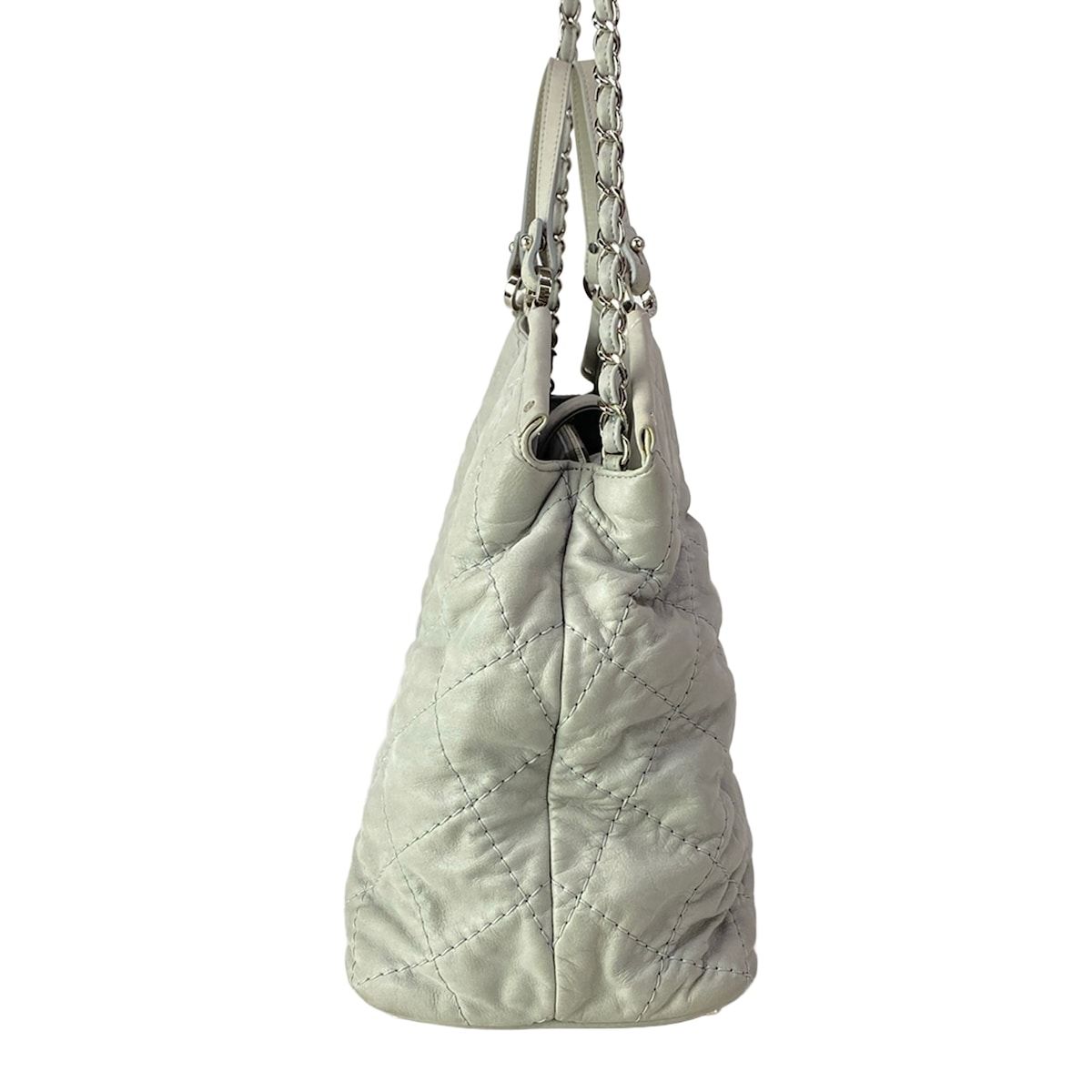 Chanel Shoulder Bag Quilted Wild Stitch Light Gray Silver 2-Way Chain Leather — view 4