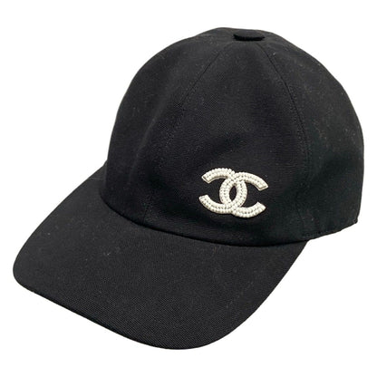 Chanel Cap Black White Beads CC Logo Cotton Silk