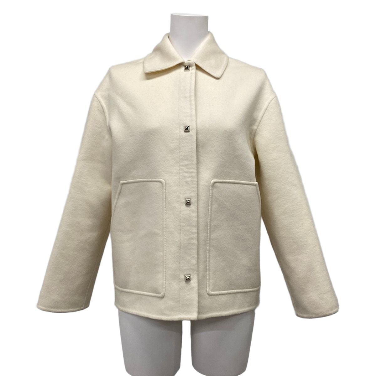 Hermes Coat 34 S Ivory Short Length Medle Button Autumn Cashmere