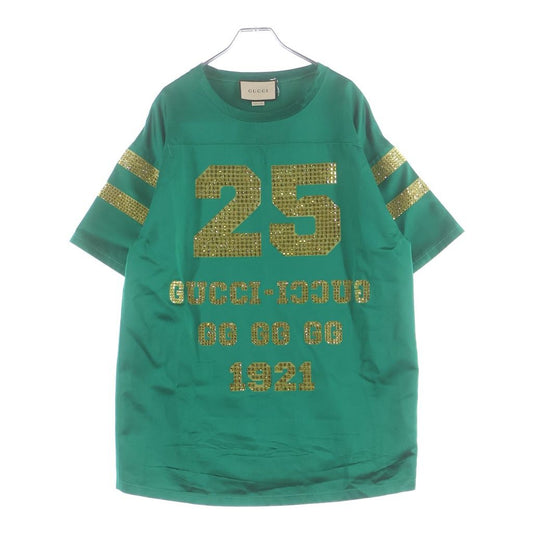 Gucci Silk Rhinestone Logo Print Short Sleeve Football T-Shirt Green