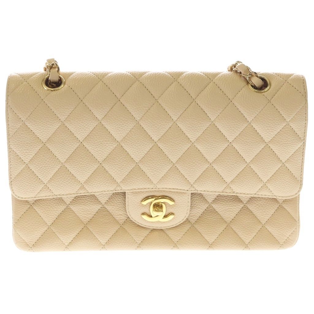 Chanel Quilted 25 Double Flap Chain Shoulder Bag Beige Caviar Leather Gold