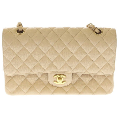 Chanel Quilted 25 Double Flap Chain Shoulder Bag Beige Caviar Leather Gold