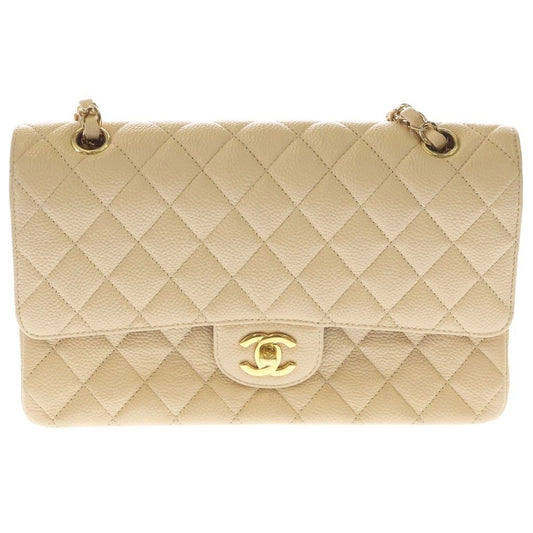 Chanel Quilted 25 Double Flap Chain Shoulder Bag Beige Caviar Leather Gold