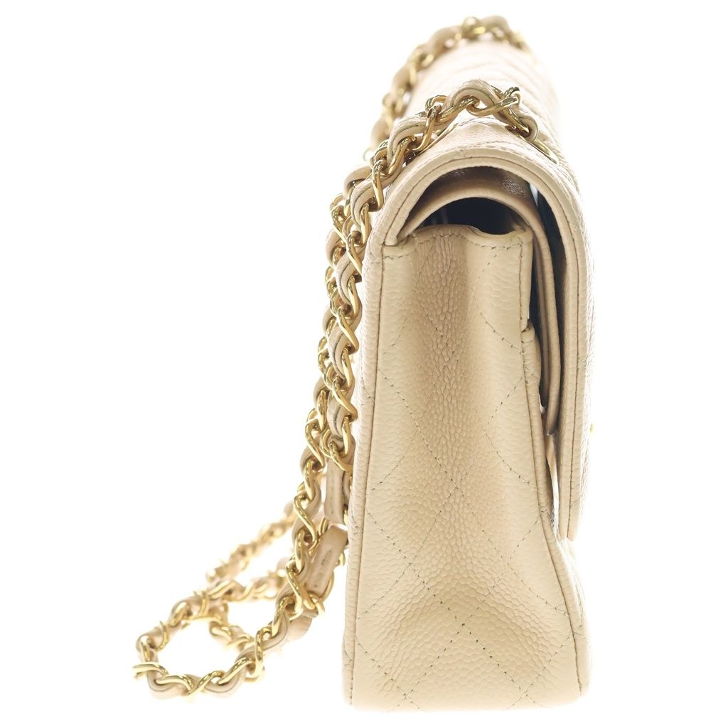 Chanel Quilted 25 Double Flap Chain Shoulder Bag Beige Caviar Leather Gold — view 3