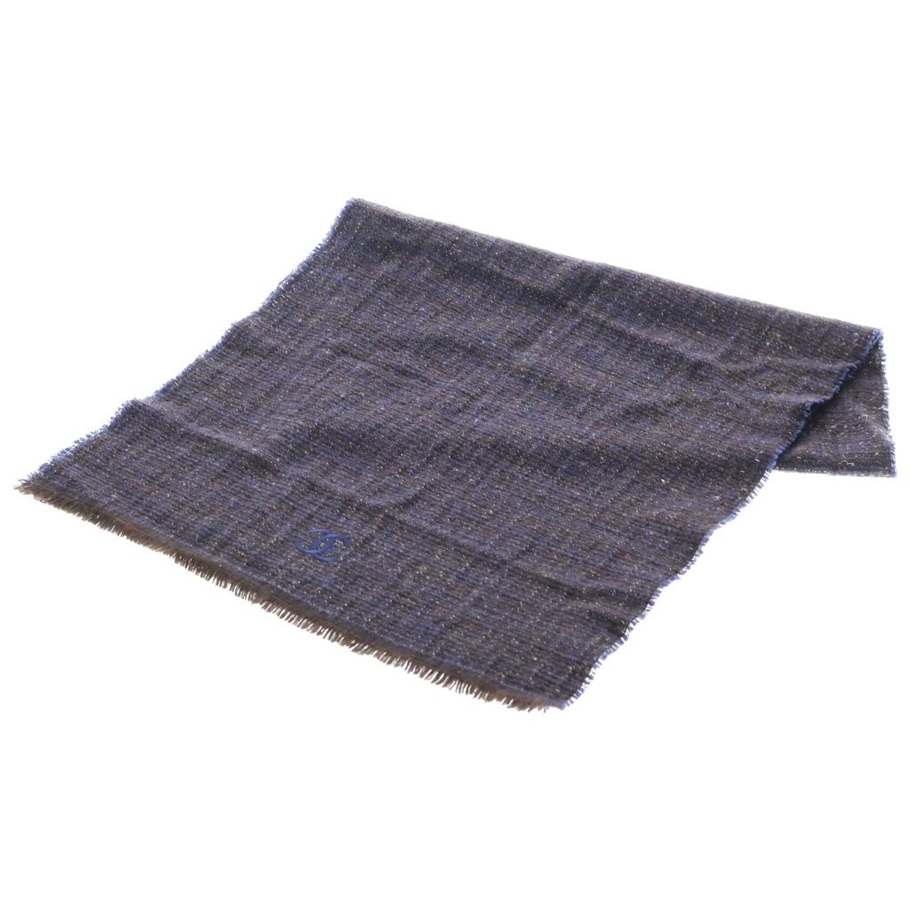 Chanel Cashmere Blend Tweed CC Logo Scarf Charcoal Gray Navy