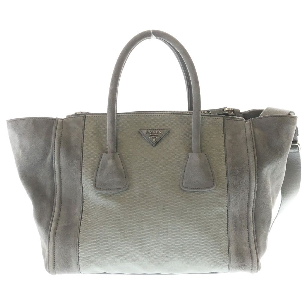 Prada 2-Way Shoulder Bag Gray Suede Canvas Silver