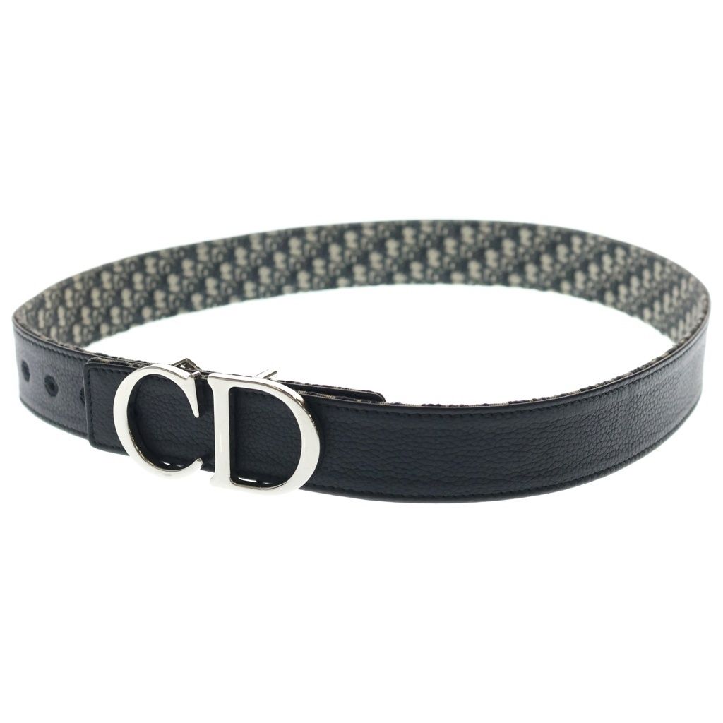 Dior CD Logo Buckle Belt Oblique Black Pattern Navy Canvas Leather Silver — view 5