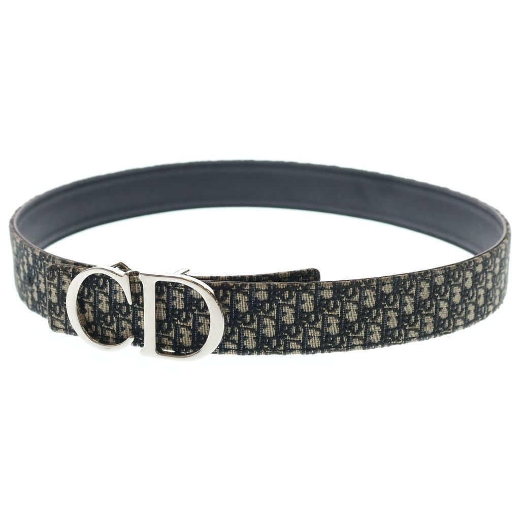 Dior CD Logo Buckle Belt Oblique Black Pattern Navy Canvas Leather Silver