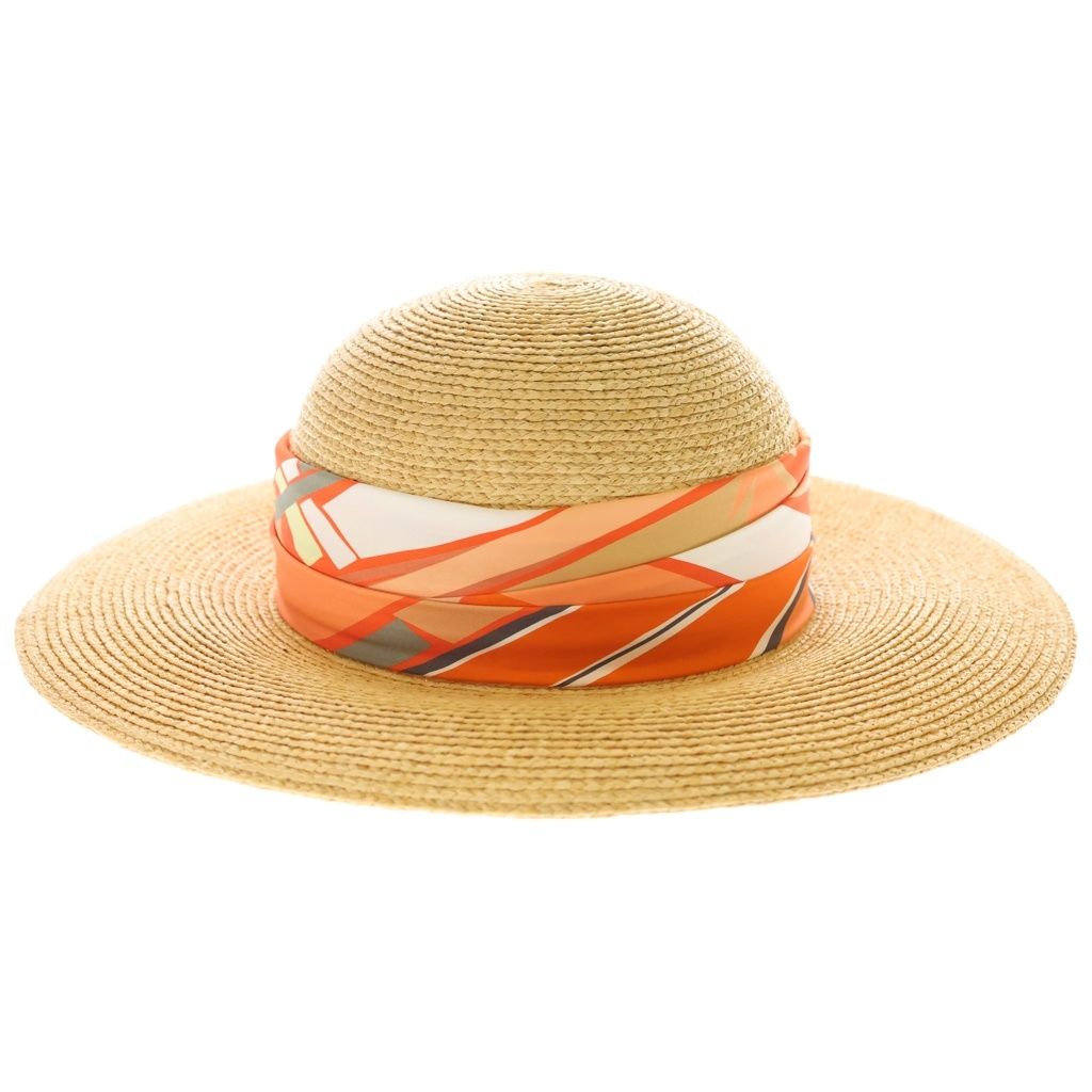 Hermes Straw Hat Carre Decorative Wide Brim Hat Orange Beige — view 3