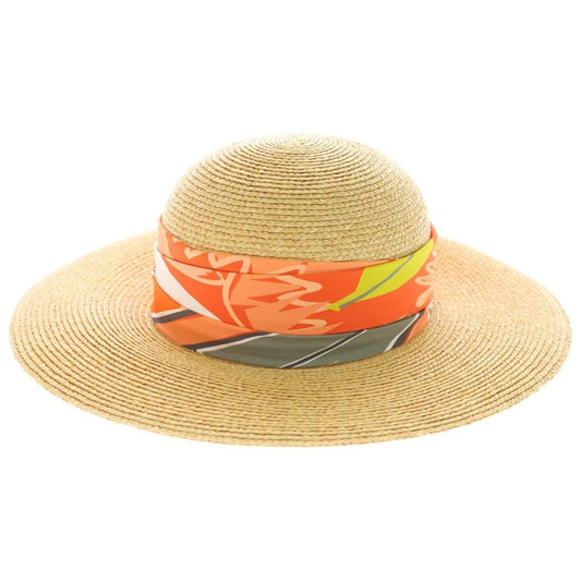 Hermes Straw Hat Carre Decorative Wide Brim Hat Orange Beige