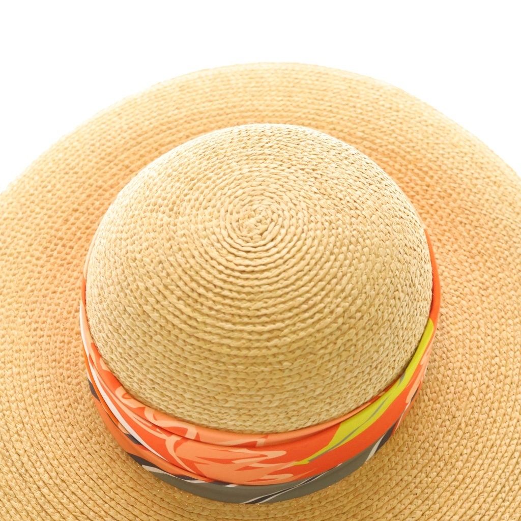 Hermes Straw Hat Carre Decorative Wide Brim Hat Orange Beige — view 5