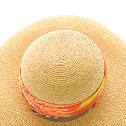 Hermes Straw Hat Carre Decorative Wide Brim Hat Orange Beige — view 5