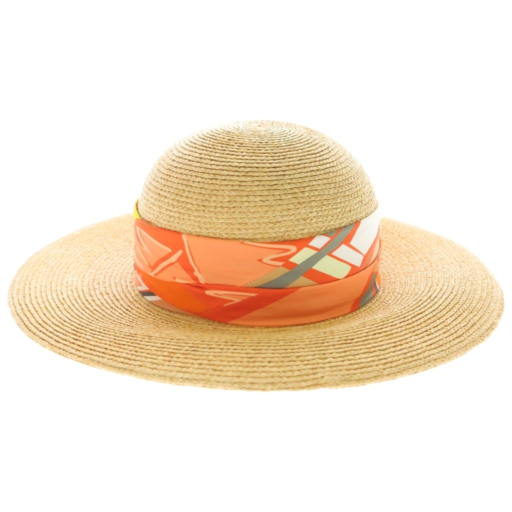 Hermes Straw Hat Carre Decorative Wide Brim Hat Orange Beige — view 2