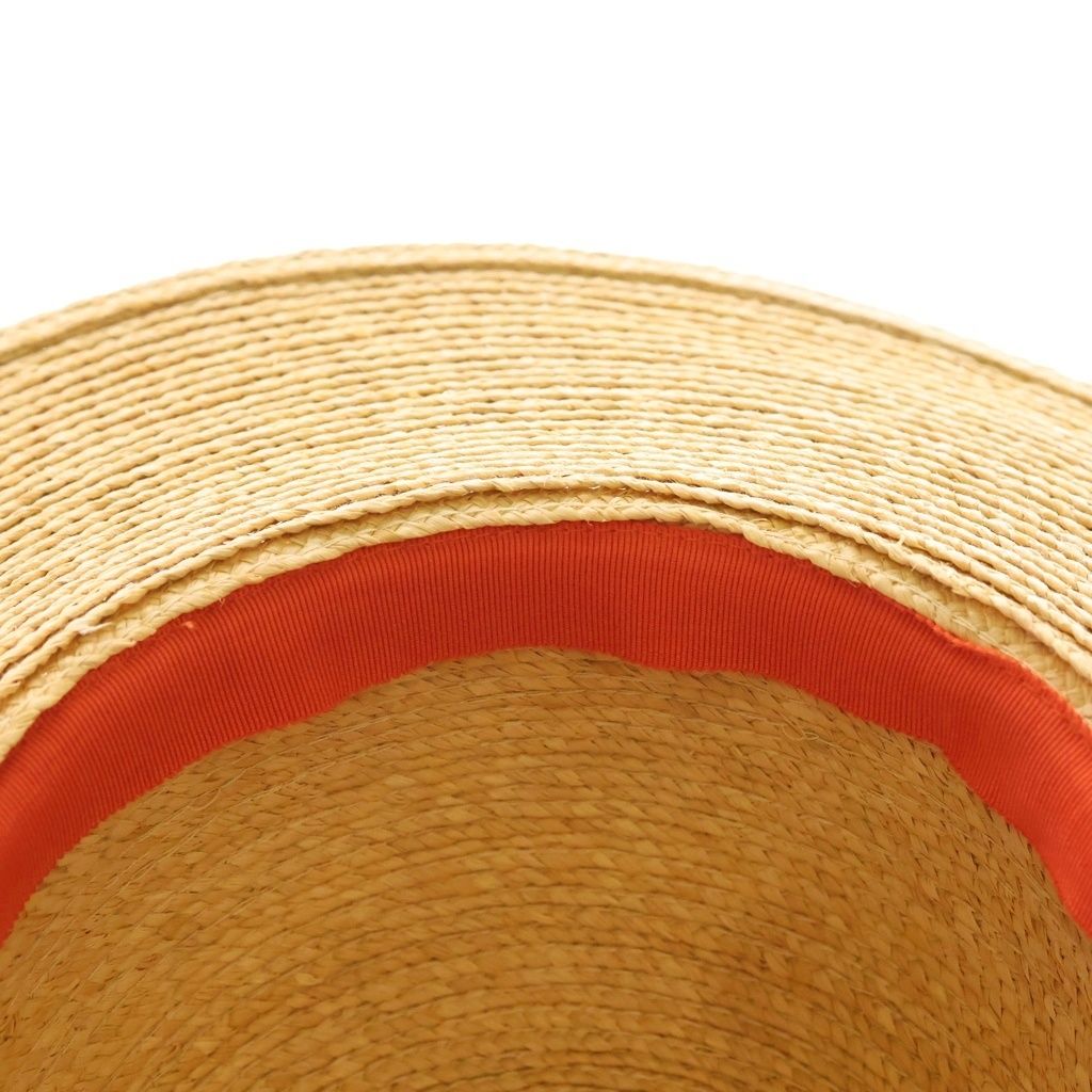 Hermes Straw Hat Carre Decorative Wide Brim Hat Orange Beige — view 6