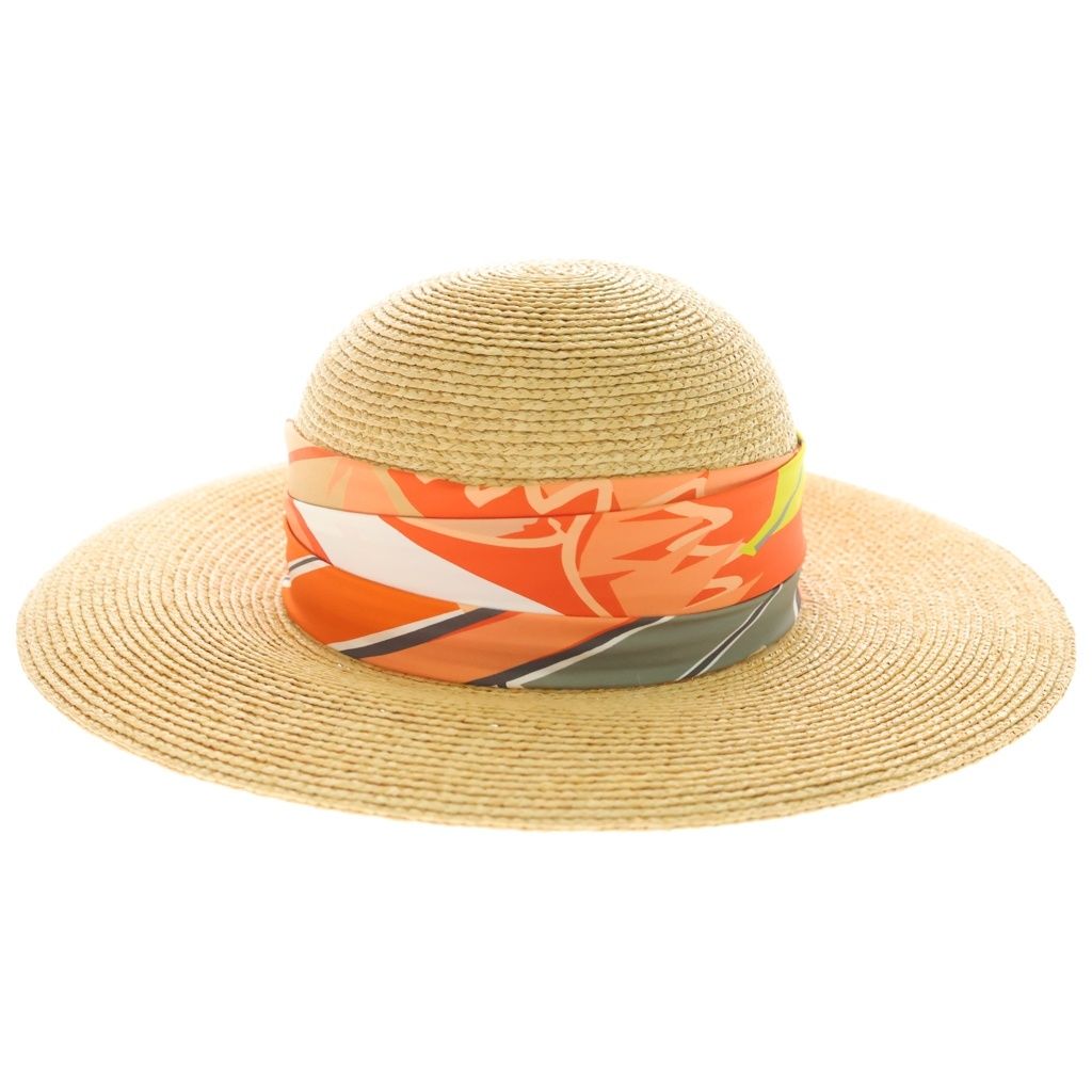 Hermes Straw Hat Carre Decorative Wide Brim Hat Orange Beige — view 4