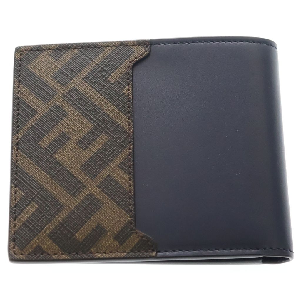 Fendi FF Square Bifold Wallet Compact Card Case Navy Brown Leather Silver — view 2