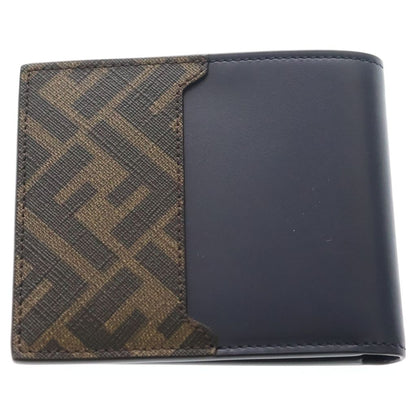 Fendi FF Square Bifold Wallet Compact Card Case Navy Brown Leather Silver — view 2