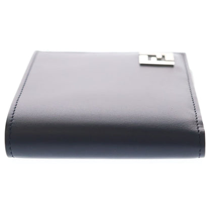 Fendi FF Square Bifold Wallet Compact Card Case Navy Brown Leather Silver — view 3