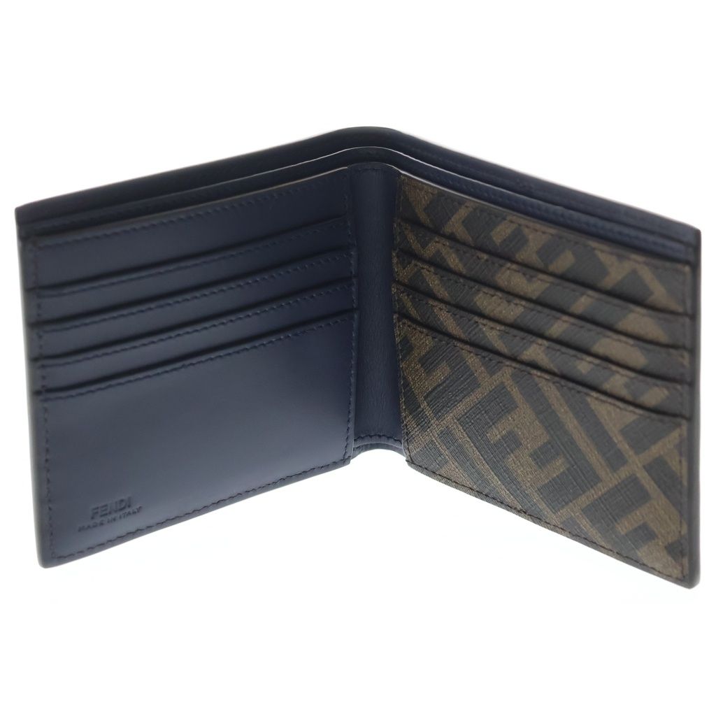 Fendi FF Square Bifold Wallet Compact Card Case Navy Brown Leather Silver — view 4
