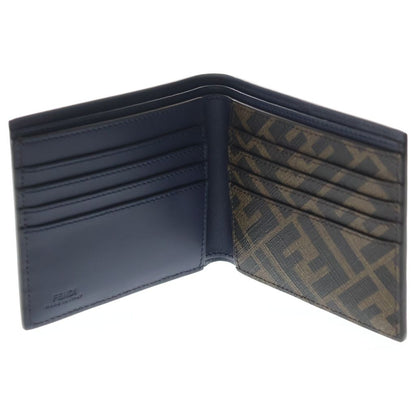 Fendi FF Square Bifold Wallet Compact Card Case Navy Brown Leather Silver — view 4