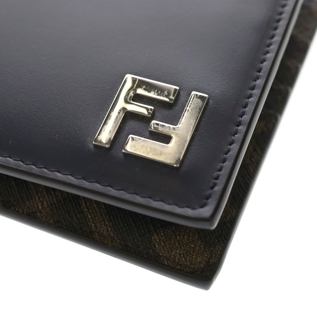 Fendi FF Square Bifold Wallet Compact Card Case Navy Brown Leather Silver — view 5